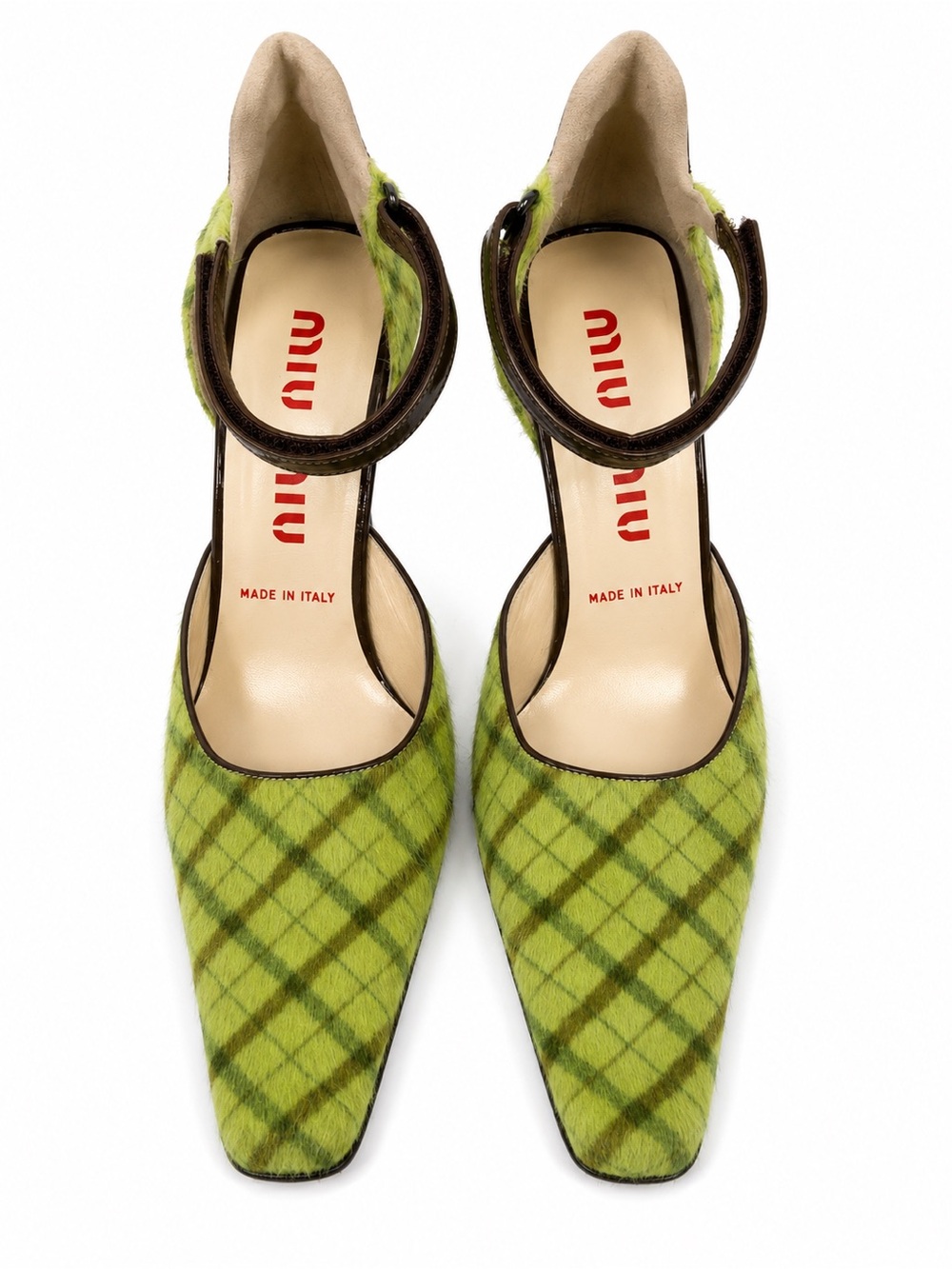 Rare vintage FW 1999 Miu Miu Green Plaid Pony Hair Ankle-Strap Pumps